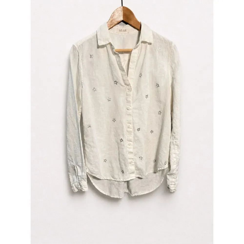 Bella Dahl White Linen Metallic Silver Star Stamped Pocket Button Down S Coastal
